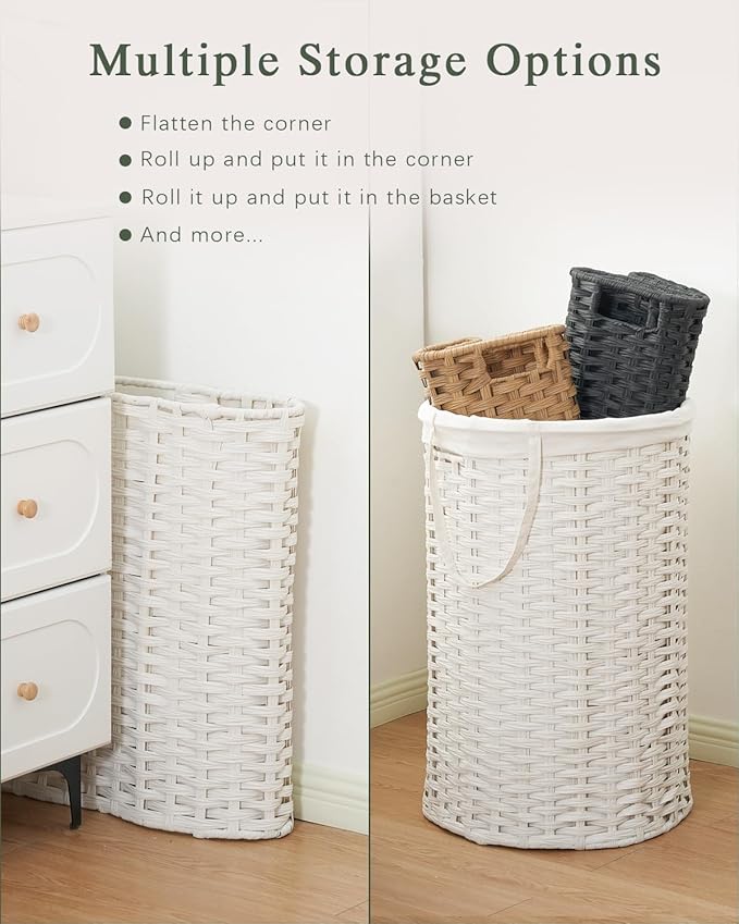 SETVSON 34.3 Gal (130 L) Large Laundry Hamper Laundry Basket Round Handwoven Wicker Laundry Baskets Rattan Laundry Basket with Removable Bag Handles 2 Mesh Bags for Living Room Bedroom White (No Lid)