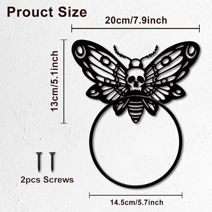 MAYJOYDIY Death Head Moth Metal Towel Ring Halloween Skeleton Insects Towel Holder Bath Towel Ring Black Art Towel Rack for Bathroom Kitchen Towel Hanger Home Decors Gift