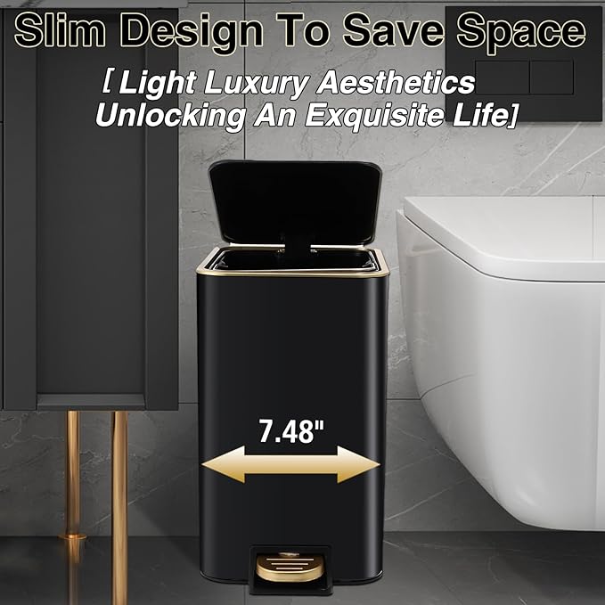 XLHOMO Black Bathroom Accessories 8 Piece Black and Gold Bathroom Set, Bathroom Accessories with Stainless Steel Bathroom Trash Can,Toilet Brush,Toothbrush Set,Soap Dispenser