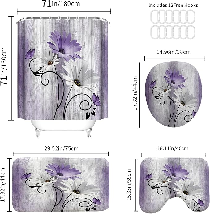 Onalasyc 4PCS Purple Daisy Flowers Plants Shower Curtain Set,Shower Curtain and Carpet and Accessories,Waterproof Bathroom Shower Curtain Decorative Set, with 12 pcs Hooks,71 x 71in
