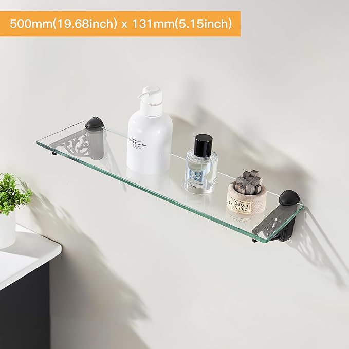 khtumeware 20 Inches Glass Shelves for Bathroom, Black Floating Glass Shelf Zinc Tempered Glass Bathroom Shelves for Wall Mount Modern