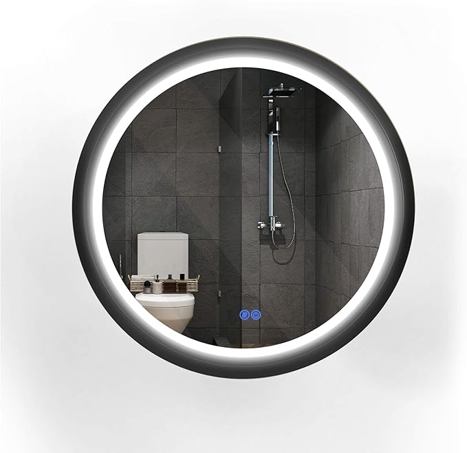 24 Inch Round LED Mirror for Bathroom, Black Metal Frame Lighted Vanity Mirror with 3 Color Modes, Touch Dimmer - Anti-Fog Wall Mounted Circle Mirror with Lights - Fab Glass and Mirror