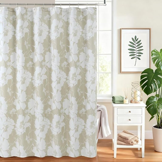 Floral Fabric Shower Curtains for Bathroom, Cream Beige Tan Flower Shower Curtain, Waterproof Washable Decorative Bathroom Curtains, 72" W x 72" H