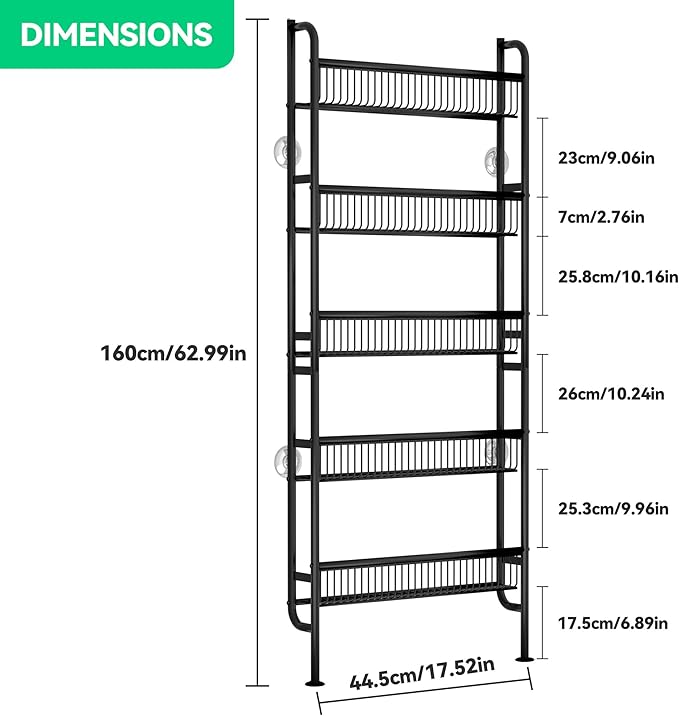 Behind The Door Narrow Bookshelves Pantry Spice Rack 5-Tier Slim Metal Space-Saving Organizer for Bathroom Closet Kitchen Living Room Sturdy Room Laundry Room, Black