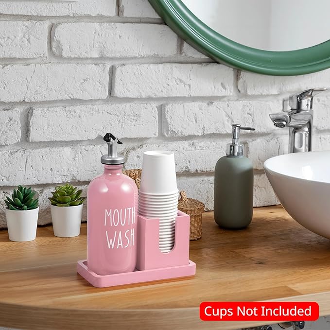 Glass Mouthwash Dispenser for Bathroom, 16 OZ Mouthwash Dispenser with Pour Spout and Wood Cup Holder and Tray, Mouth Wash Bottle Container, Farmhouse Kitchen Bathroom Decor and Accessories, Pink