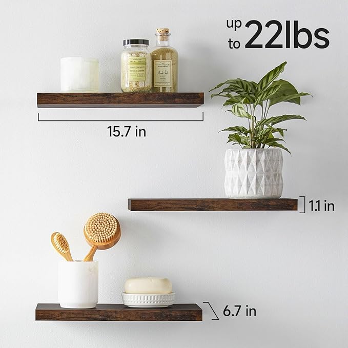 BAYKA Floating Shelves Bathroom for Wall – Shelf Over Toilet Farmhouse Rustic Wood for Bedroom, Kitchen, or Living Room Decor Organization Display Shelving – Rustic Brown, Set of 3 (Pack of 2)