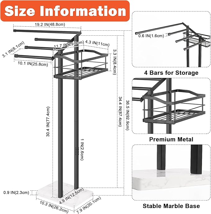 HarJue Towel Rack for Bathroom, 36” H Towel Holder Stand, Bath Towels Sheet Holder with Marble Base, Standing Rack for Home Pool Outdoor Floor, Store Family Member Towels (Black, 36” H-Basket)
