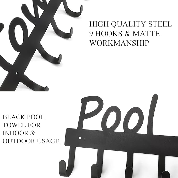 Black Pool Towel Rack Outdoor Towel Rack for Pool Towel Hooks Towel Hanger for Bathrobes Clothes 9 Hooks