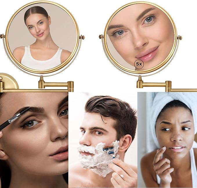8 Inch Brass Bathroom Magnifying Mirror Wall Mounted 5X, 360 Swivel Extendable Arm Cosmetic Mirror, Home Bathroom Shaving Vanity Mirror, Brushed Antique Brass