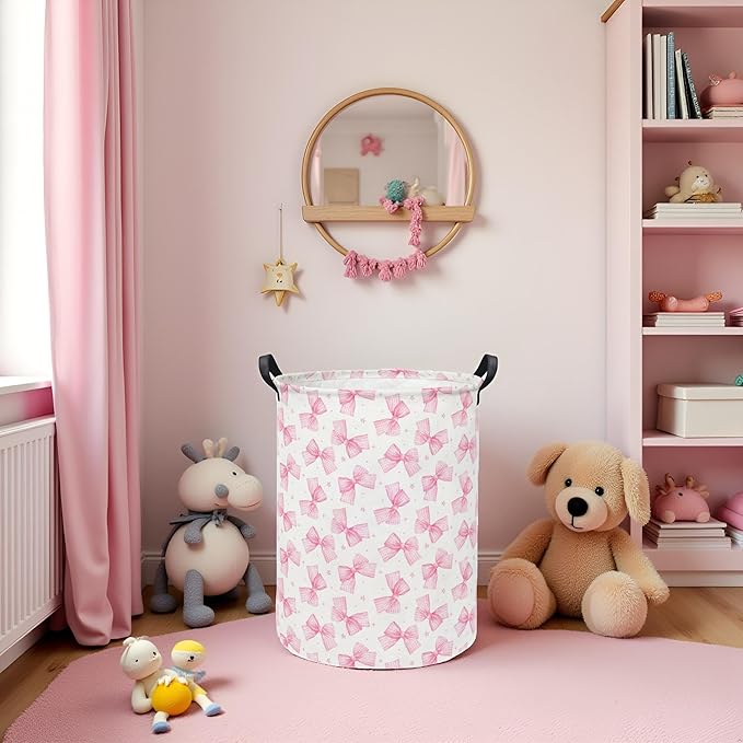 Baby Laundry Hamper kids laundry Basket Waterproof Storage Bin for Bedroom Toy Clothes Organizer Basket Woodland Animals Room D??cor(Pink Bowknot)