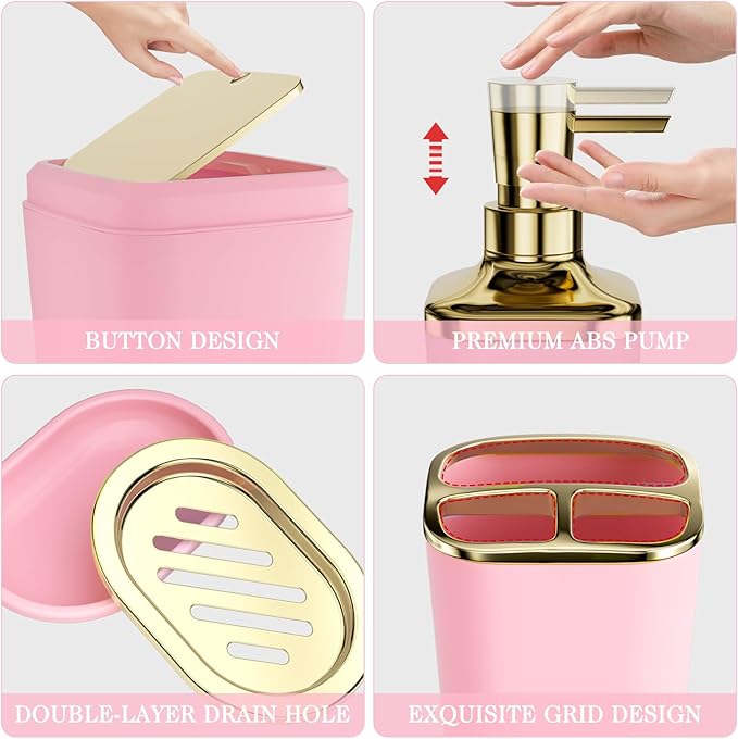 Bathroom Accessories Set - 27PC Bathroom Sets with Shower Curtain and Rugs, Pink Bathroom Set, Pink Bathroom Accessory Set with Trash Can, Toilet Brush & 3 PC Soap Dispensers