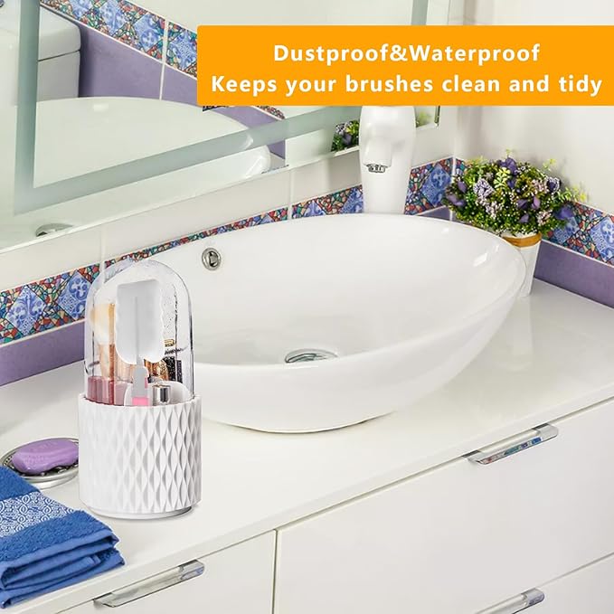 LIVETA Dustproof Makeup Brush Holder with Clear Lid, Rotating Multifunctional Large Capacity Pen Holder Storage for Desk,Cosmetics Makeup Brushes Organizer for Vanity and Bathroom Countertop(White)