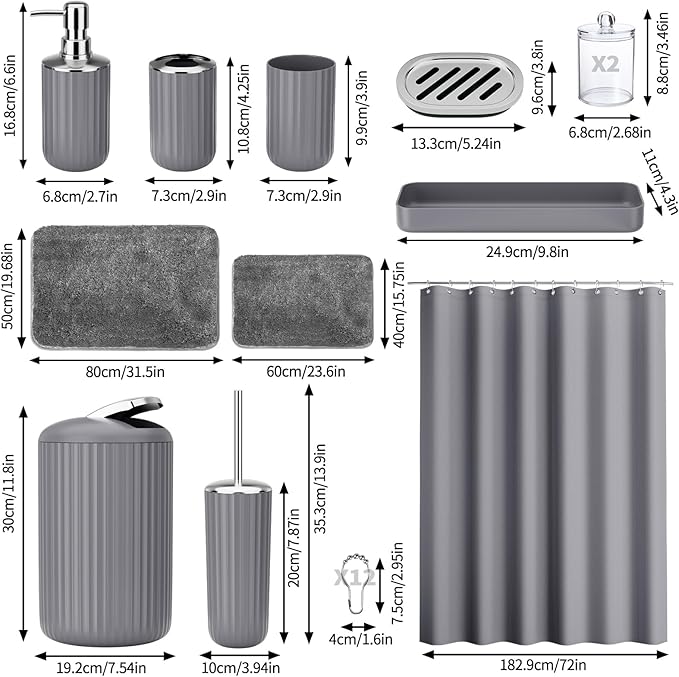 XLHOMO 24 PCS Gray Bathroom Accessories Set with Shower Curtain and Rugs, Bathroom Sets with Extra Soft and Absorbent Bath Rugs Shower Curtain Bathroom Accessory for Bath