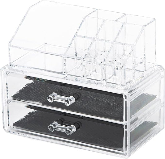Compactor Make-up and Jewellery Storage Box, With 2 Drawers, Transparent, Polystyrene, Fabric Lining, 18.8 x 11.7 x H. 15.8 cm, RAN5048