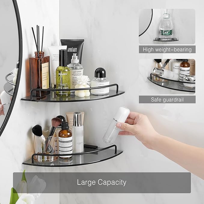 Voldra Glass Corner Shower Caddy, 2 Pack Adhesive Corner Shower Shelves for Inside Shower No Drilling, Tempered Glass Bathroom Corner Shelf with Guardrail Bathroom Shower Organizer Storage Rack(Black)