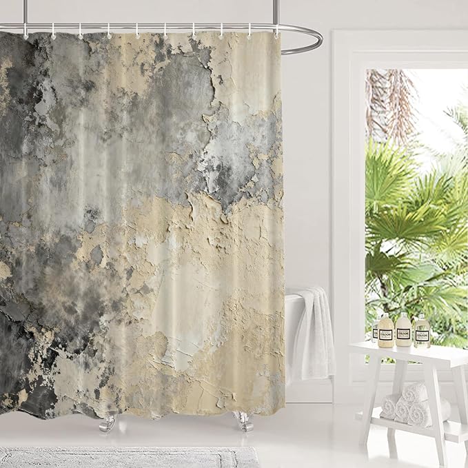 Shrahala Taupe Squares Texture Decorative Shower Curtain, Grey and Beige Art Painting Bathroom Décor Polyester Fiber Waterproof with Plastic Rings for Shower Stall Bathtubs 72 x 72 in