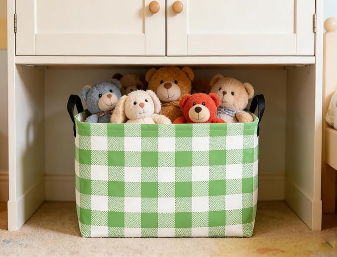 Rectangular Kids Baskets Green grid Basket Cute Storage Bins Organizer Box Boys Room Decor for Home.(Green grid)