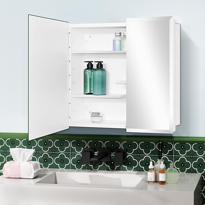 Fundin White Medicine Cabinet Recessed or Surface Mount, Bathroom Medicine Cabinet with 30 x 24 Beveled Edge Mirror Size and Adjustable Staggered Shelves