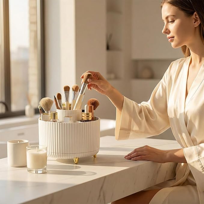 360?? Rotating Makeup Brush Holder with 5 Compartments ?€? Pure White ABS Cosmetic Organizer for Vanity, Bathroom, Desktop | Non-Slip Base, Space-Saving Design | Perfect Bridal Shower Gift