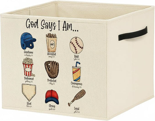 Christian Baseball Storage Bin Box with Handles, God Says I Am Bible Verse Baseball Foldable Baskets Organizer for Kids Room Nursery Bathroom Clothes Toys Books, Toybox for Boys