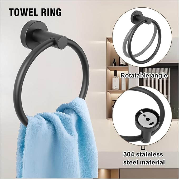 5-Piece Towel Racks for Bathroom, Stainless Steel Bathroom Accessories Set, Bathroom Towel Holder Wall Mounted, Sturdy Bath Towel Bar Set Bathroom Hardware Set (Matte Black, 2 Pillar Paper Holder)