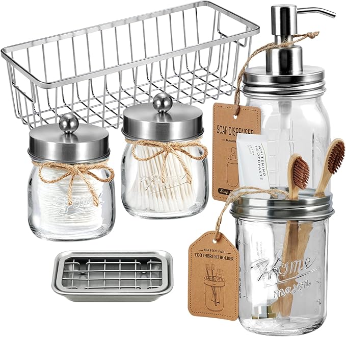 SheeChung 6Pcs Mason Jars Bathroom Accessories Set - Toothbrush Holder, Soap Dispenser, Qtip Holders, Soap Dish, Wire Paper Storage, Farmhouse Decor (Brushed Nickel, 6Pcs Bathroom Organizers Set)