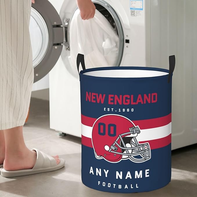 Custom New England Laundry Hamper - Personalized Football Style Laundry Basket - Customized Name And Number - Dirty Clothes Hamper Waterproof Large Capacity Hamper for Bedroom Bathroom Living Room