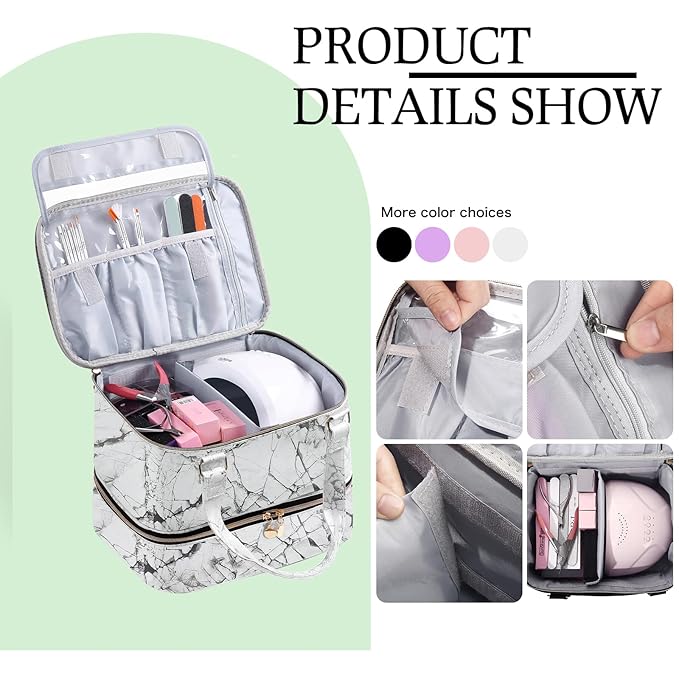 FCQQYWZ Nail Polish Organizer Hold 40+ Bottles Nail Polish & Nail Lamp, Nail Polish Storage Case Double-Layer Nail Polish Bag Nail Polish Holder with Sturdy Handle (WHITE)