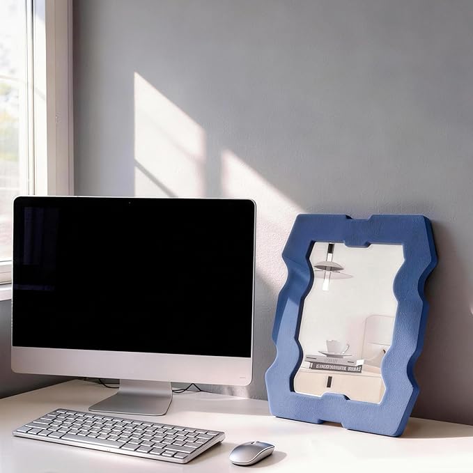Wavy Decorative Mirror, Square Fun Tabletop Mirror, Blue Irregular Decor Mirrors, Home Modern Decor for Living Room Office Workspace Bedroom Entryway (8.9x12 Inch)