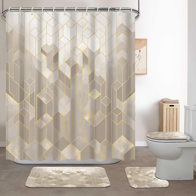 Lnond 4Pcs Bathroom Sets with Shower Curtain and Rugs, Beige Bathroom Shower Curtain Sets, Beige Gradient Modern Bathroom Sets with Rugs and Accessories
