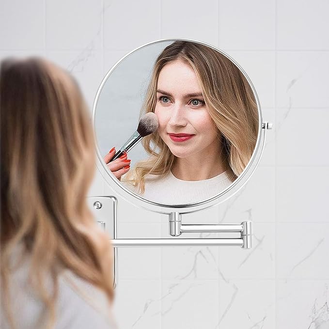 8 inch Wall Mounted Makeup Mirror, 1X/10X Magnifying Double-Sided Wall Mount Shaving Mirror (Close-Up 10X) with Extendable Arm, 360° Swivel for Bathroom Vanity, Chrome (No Light)