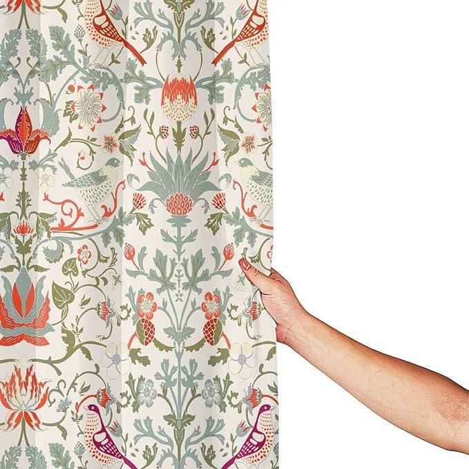 Bohemia William Morris Art Fabric Shower Curtain,Abstract Retro Mid Century Boho Floral Bird Hotel Quality,Machine Washable,72L x72W for Bathroom.