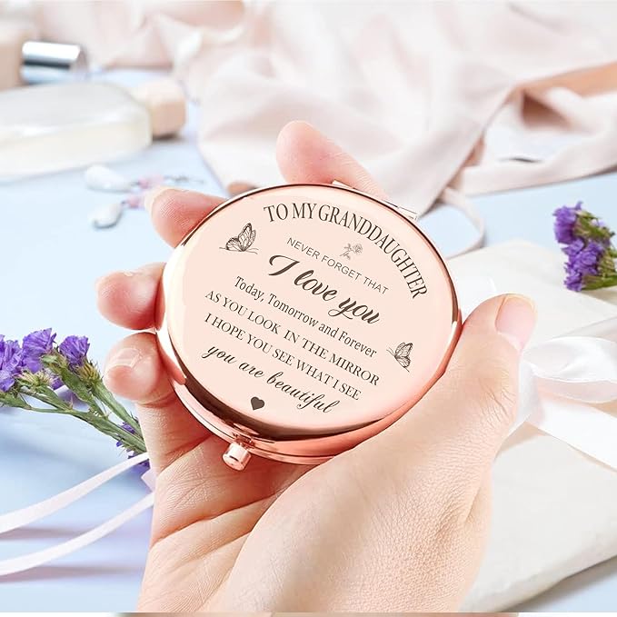 Granddaughter Compact Mirror - Rose Gold, Birthday Gift from Grandma & Grandpa