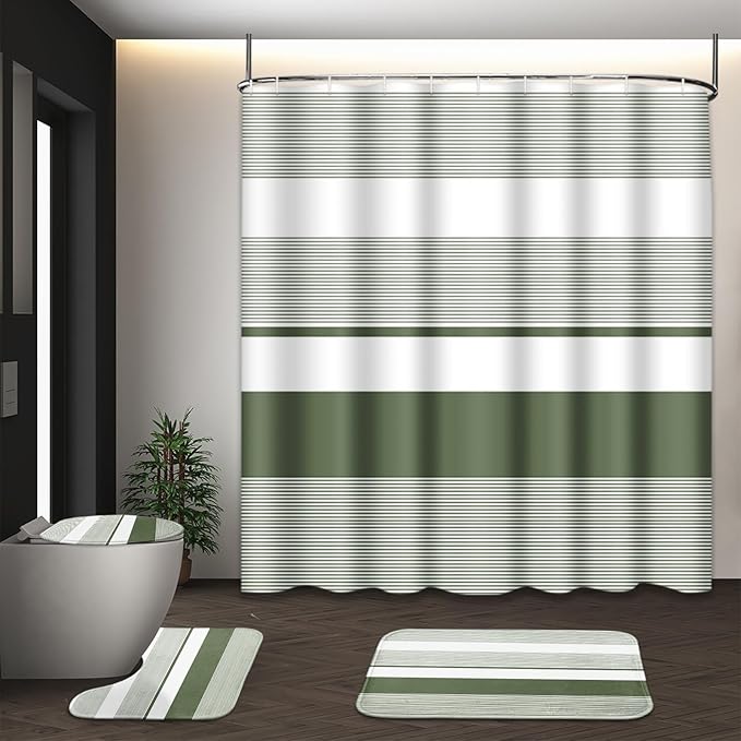 Sage Green Shower Curtain Set with Toilet Lid Cover and Non-Slip Rugs for Bathroom, Modern Striped Lines 4 Pcs Shower Curtain, Simple Abstract Bathroom Set with 12 Hooks