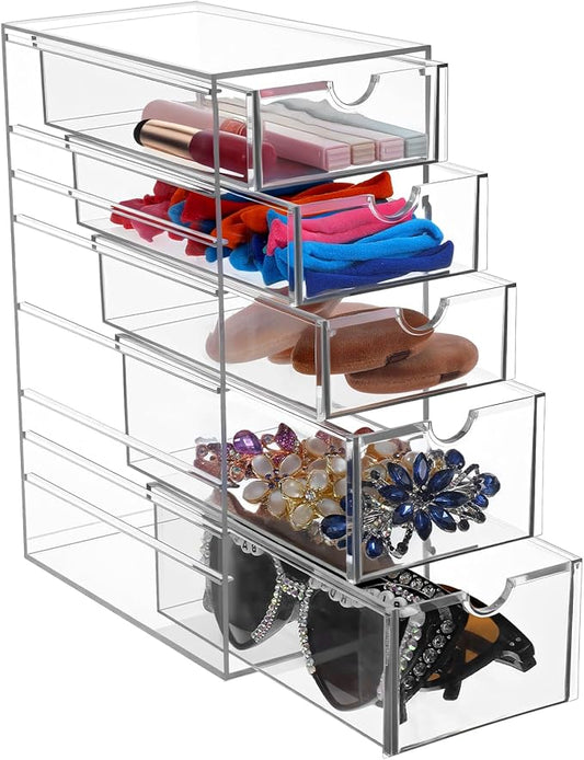 Clear Containers for Hair Accessory Organizing,Organizer Storage Box Drawers Set with 5 Drawers Hair Accessory Container for Bathroom Closet Desk Office