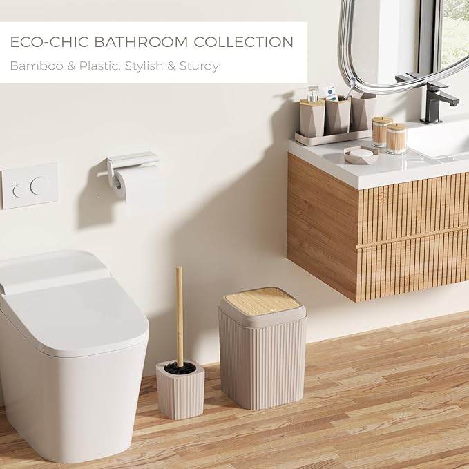 Bathroom Accessories Set - Unbreakable Beige Bathroom Set, Trash Can, Toilet Brush with Holder, Soap Dispenser, Toothbrush and Toothpaste Holder, Tumbler, Soap Dish, Qtip Holders, Tray, Bamboo Decor