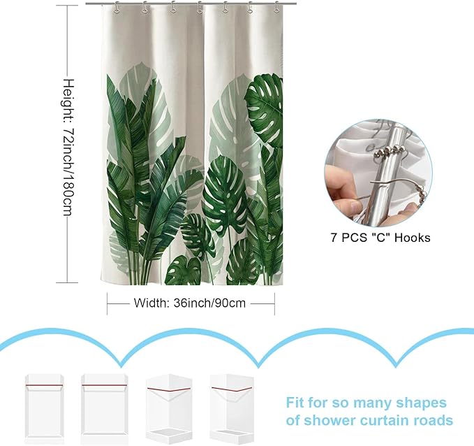Baccessor Linen Shower Curtain 36 W X 72 L Inch Tropical Green Leaf Shower Curtains Botanical Banana Monstera Leaf Palm Tree Water Repellent Heavy Duty Small Stall Shower Curtain for Bathtubs Hotel