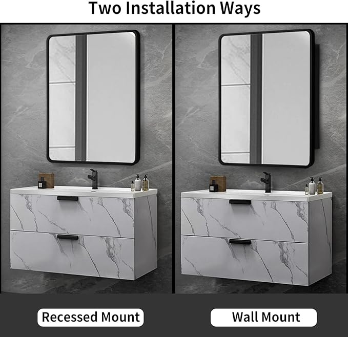 Movo 24 Inch x 30 Inch Black Metal Framed Bathroom Mirror Medicine Cabinet Rectangle Tilting Beveled Vanity Mirrors Recess or Surface Mount Installation