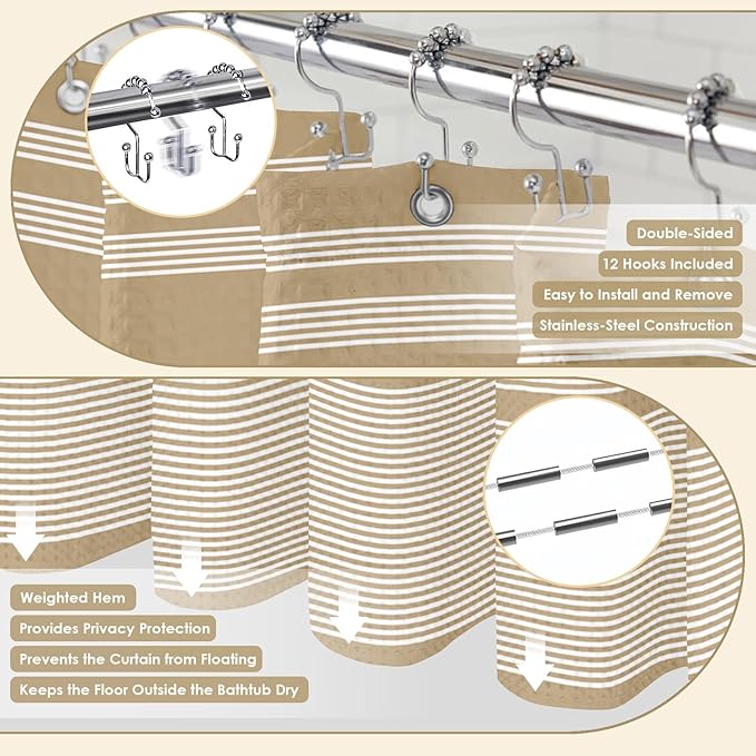 Britimes Beige Stripes Bathroom Sets with Shower Curtain and Rugs, Minimalist Modern Striped Waterproof Shower Curtain Liner and Soft Non Slip Bath Mat for Bathroom Decor and Accessories Hooks