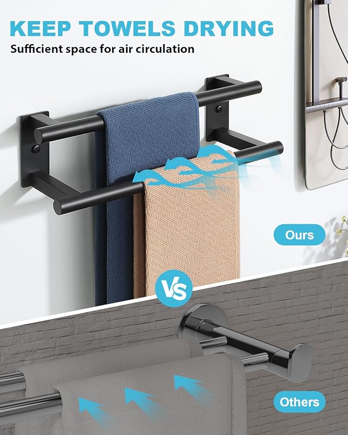 Alise Bathroom Double Towel Bar, 16 Inch Wall Mount Towel Holder, Towel Racks for Bathroom, SUS304 Stainless Steel Towel Hanger, Thickened Pipe with Strong Load-Bearing Capacity, Matte Black