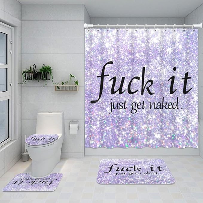 ArtSocket 4PC Purple Funny Get Naked Shower Curtain Sets Diamond Gold Bathroom Decor with Rugs, Non-Slip Rug,Toilet Lid Cover, Bath Mat and 12 Hooks 72x72 inches