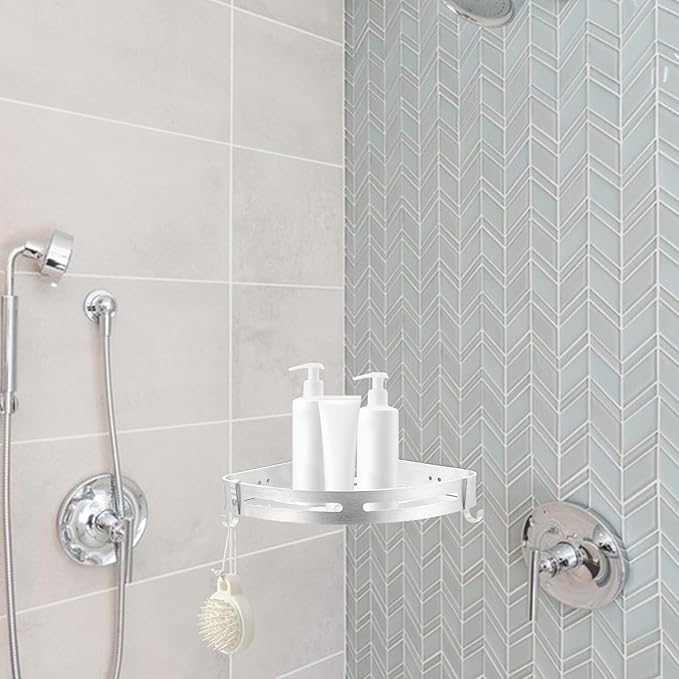 Punch-Free Space Aluminum Triangle Wall-Mounted Rack, Double-Layer Bathroom Shelf with Hooks, Bright Aluminum Storage Organizer for Hotel and Home Bathroom Corner