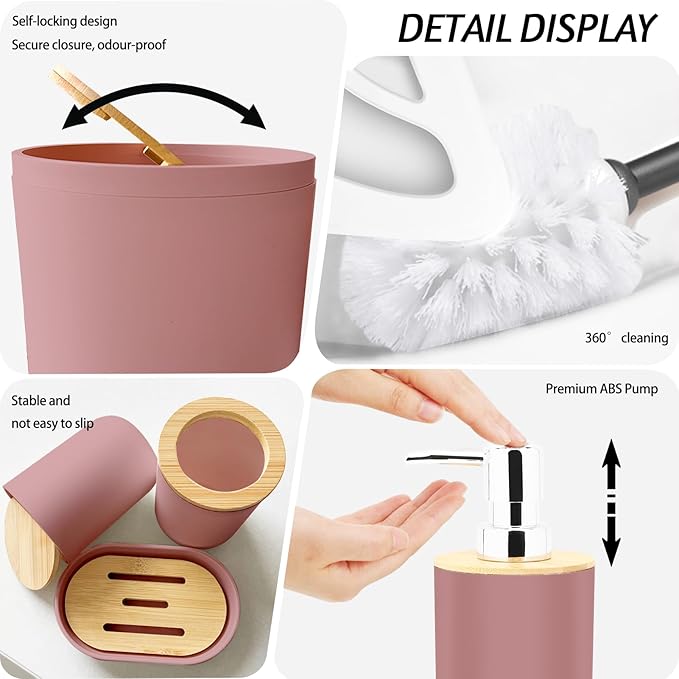 Lnond Pink Bathroom Set, Pink Abstract Cubes Bathroom Accessories Sets Complete, Luxury Restroom Set with Shower Curtain and Rugs, Trash Can, Toilet Brush Holder Set & Soap Dispenser