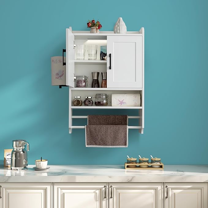 VANIRROR Bathroom Wall Cabinet with Door, Over The Toilet Wood Hanging Medicine Cabinets with DIY Lighting for Laundry Room Kitchen Storage