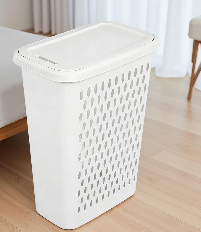 4-Pack Slim & Tall Heavy-Duty Plastic Laundry Hamper with Lift-top and Reinforced Handles for Easy Clothes Transport, 1.75 Bushels Capacity,Suitable for Dorm,Laundryroom,Bathroom,Bedroom Closets,White