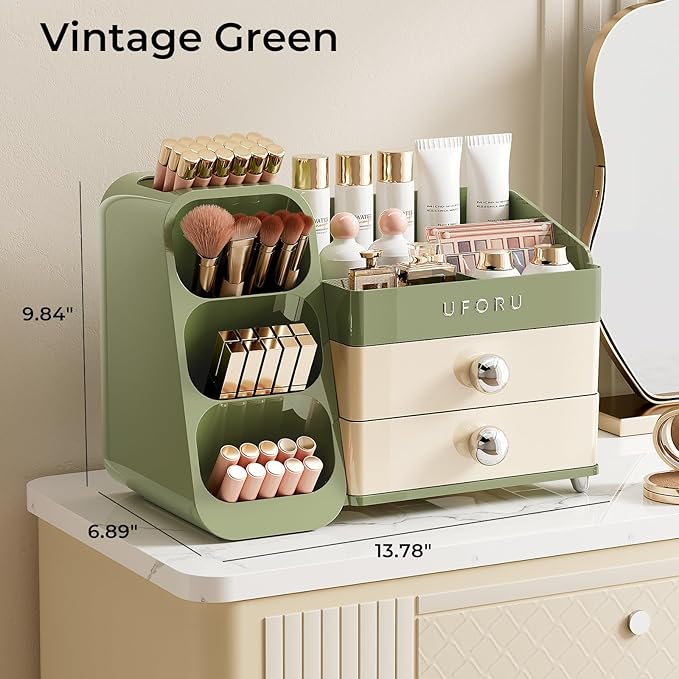 Makeup Organizer for Vanity with Brush Holder, Countertop Skincare Organizer with 2 Drawers, Spacious Cosmetic Display Case for Perfumes, Eyeshadow Palettes, Nail Polishes