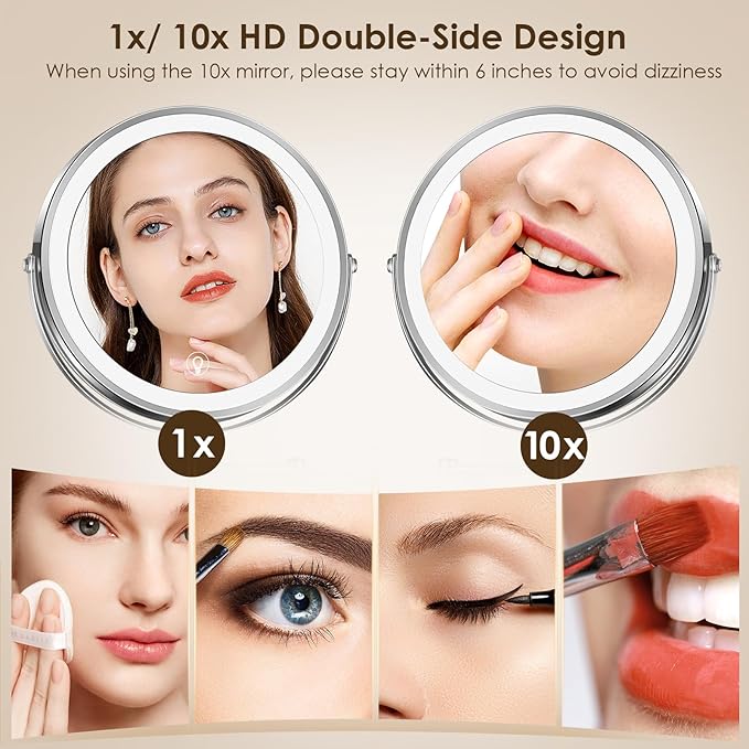 MNIENT Wall Mounted Lighted Makeup Mirror, 8" Rechargeable Double-Sided Light up Magnifying Mirror 1x/10x, 3 Colors Led Vanity Mirror with Lights, Touch Dimmable 360° Rotation Foldable