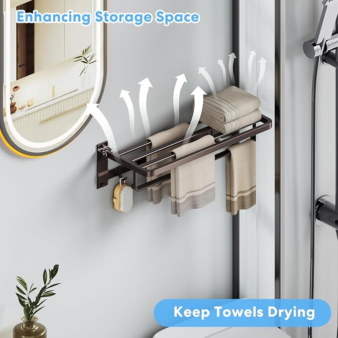 90° Foldable Towel Racks for Bathroom Wall Mounted with Rustproof Aluminum Towel Bar5 Towel Hooks 23IN Shelves Organizers Storage for RV Hotel Lavatory Kitchen Home Decor, Matte Gun Grey