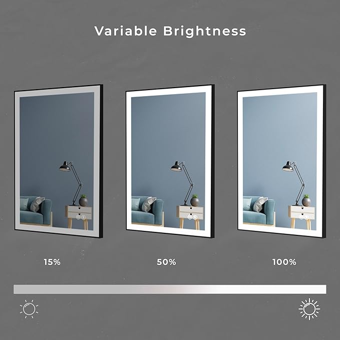 30x20 Inch LED Bathroom Mirror with Lights, Black Frame - 3 Color Modes, Touch Dimmer, Anti-Fog - Wall Mount Lighted Vanity Mirror for Makeup, Dressing Room - Fab Glass and Mirror