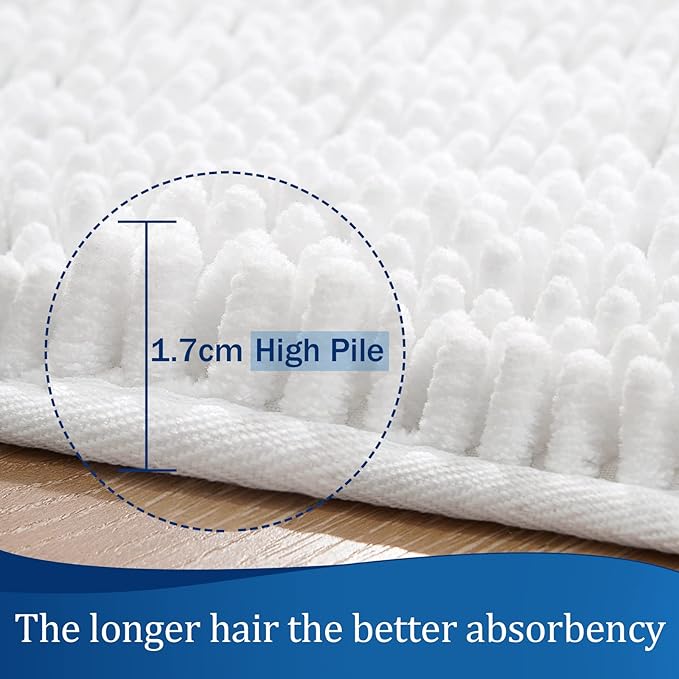 LOCHAS Luxury Bathroom Rug Shaggy Bath Mat 24 x 17 Inch, Washable Non Slip Bath Rugs for Bathroom Shower, Soft Plush Chenille Absorbent Carpets Mats, White